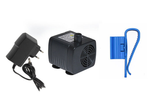AquaLight, 12VDC-Mini-Wasserpumpe 280l/h 2,0m + Trafo, Schlauchhalter